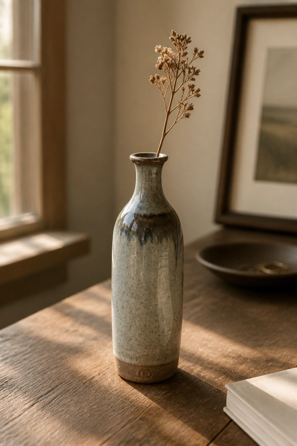 A tall ceramic bottle vase with light speckled glaze and a darker band near the top holds a dried stem on a wooden table.