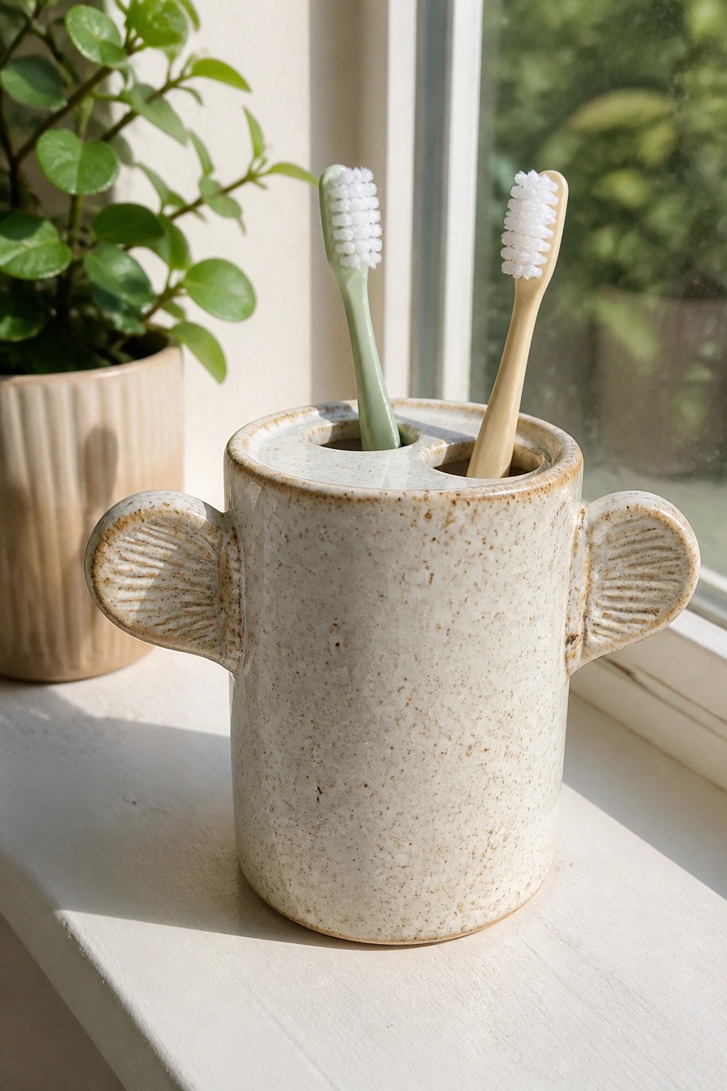 Beige speckled ceramic holder with ear handles holding two toothbrushes on windowsill