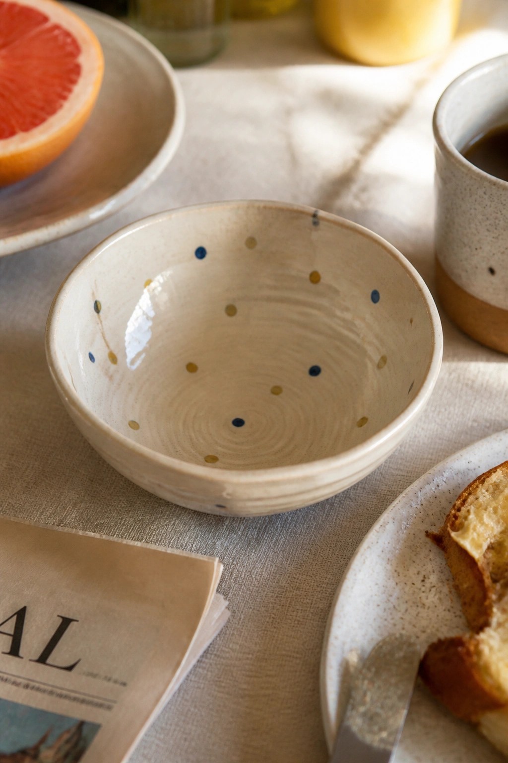 Ceramic bowl with blue and yellow dots beside grapefruit, toast, and newspaper