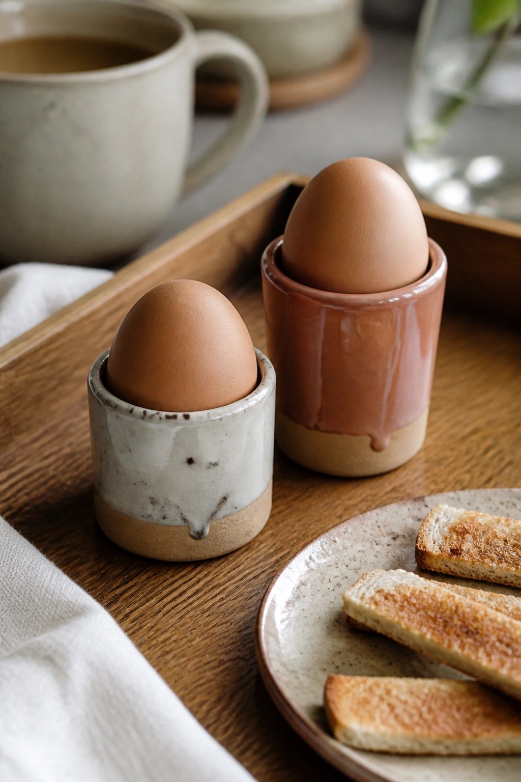 Two ceramic egg cups on a wooden tray holding brown eggs, one with speckled white glaze and one with terracotta glaze, next to a plate of toast.
