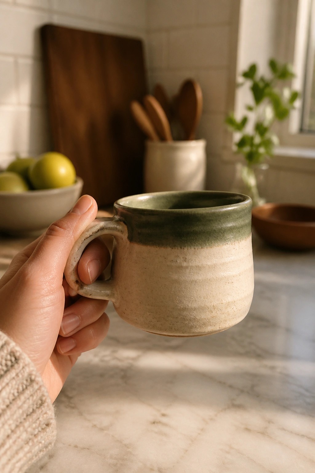 Hand in beige knit sweater holding green-rimmed ceramic mug above marble counter