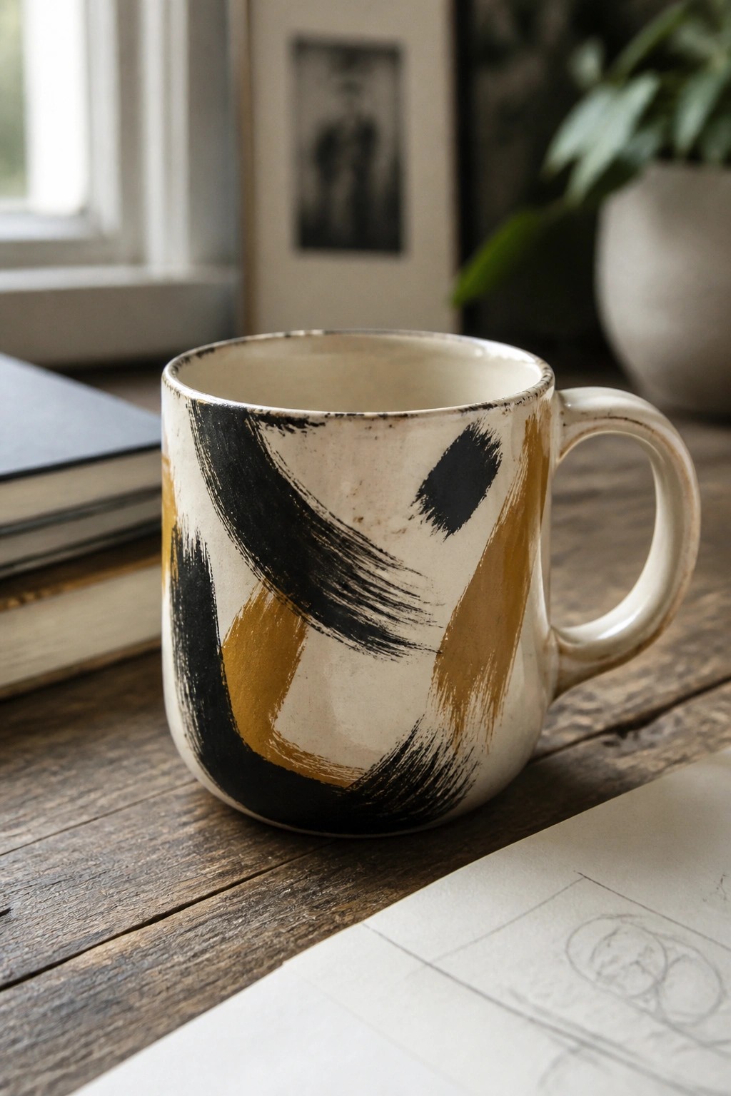 Ceramic mug with abstract black and mustard brushstrokes on a wooden surface.