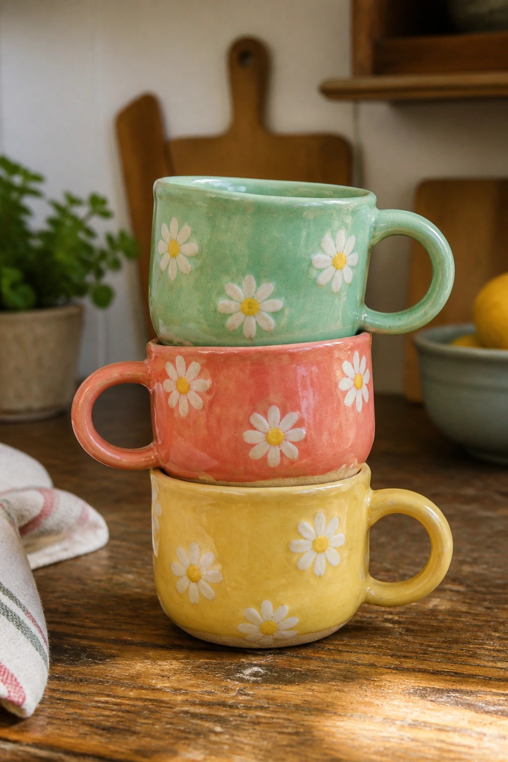 Three stacked daisy mugs in green, pink, and yellow on wooden table