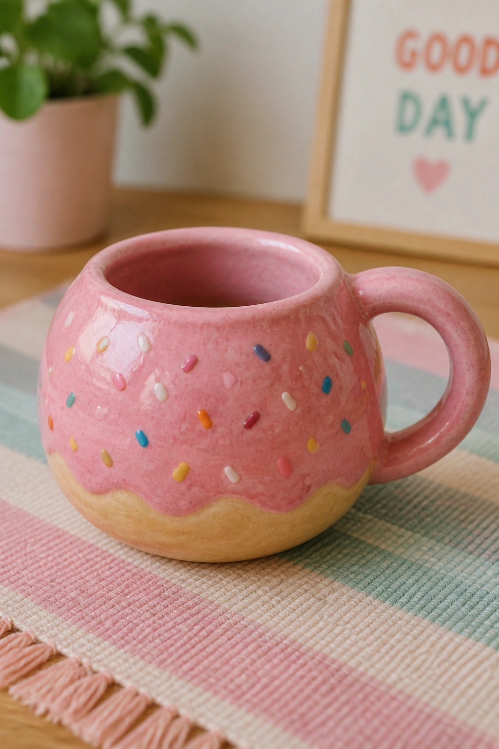 Pink donut-shaped mug with colorful sprinkles on striped placemat