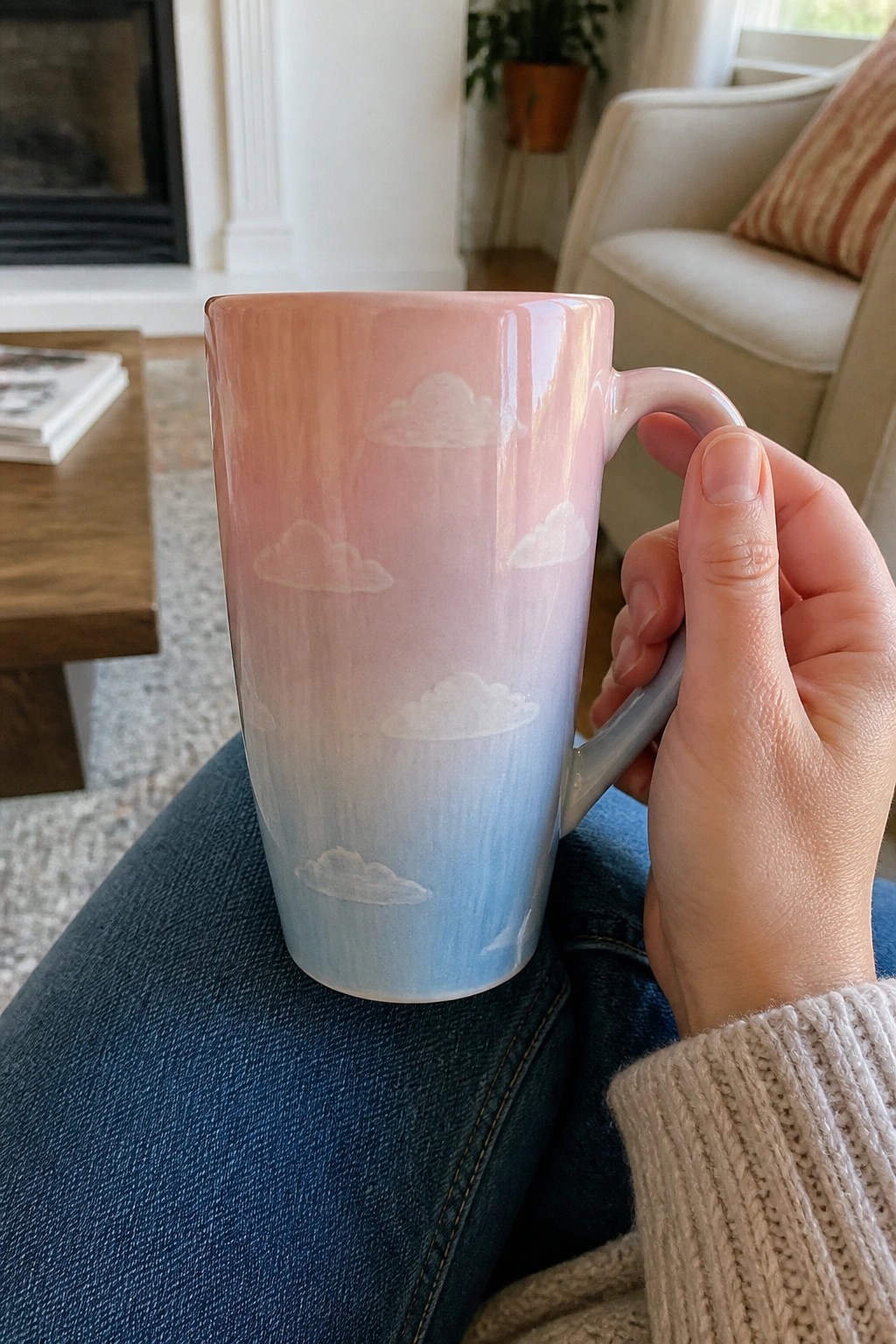 Hand holding pink-to-blue ombre mug with clouds on blue jeans