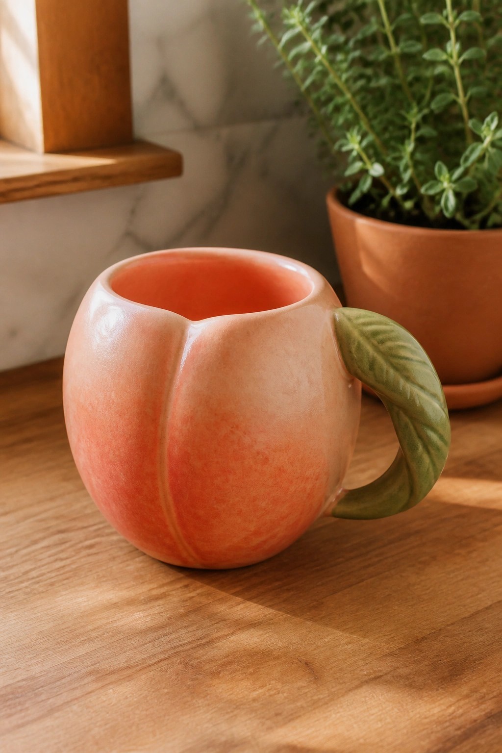 Peach-shaped ceramic mug with green leaf handle on wooden table near plant