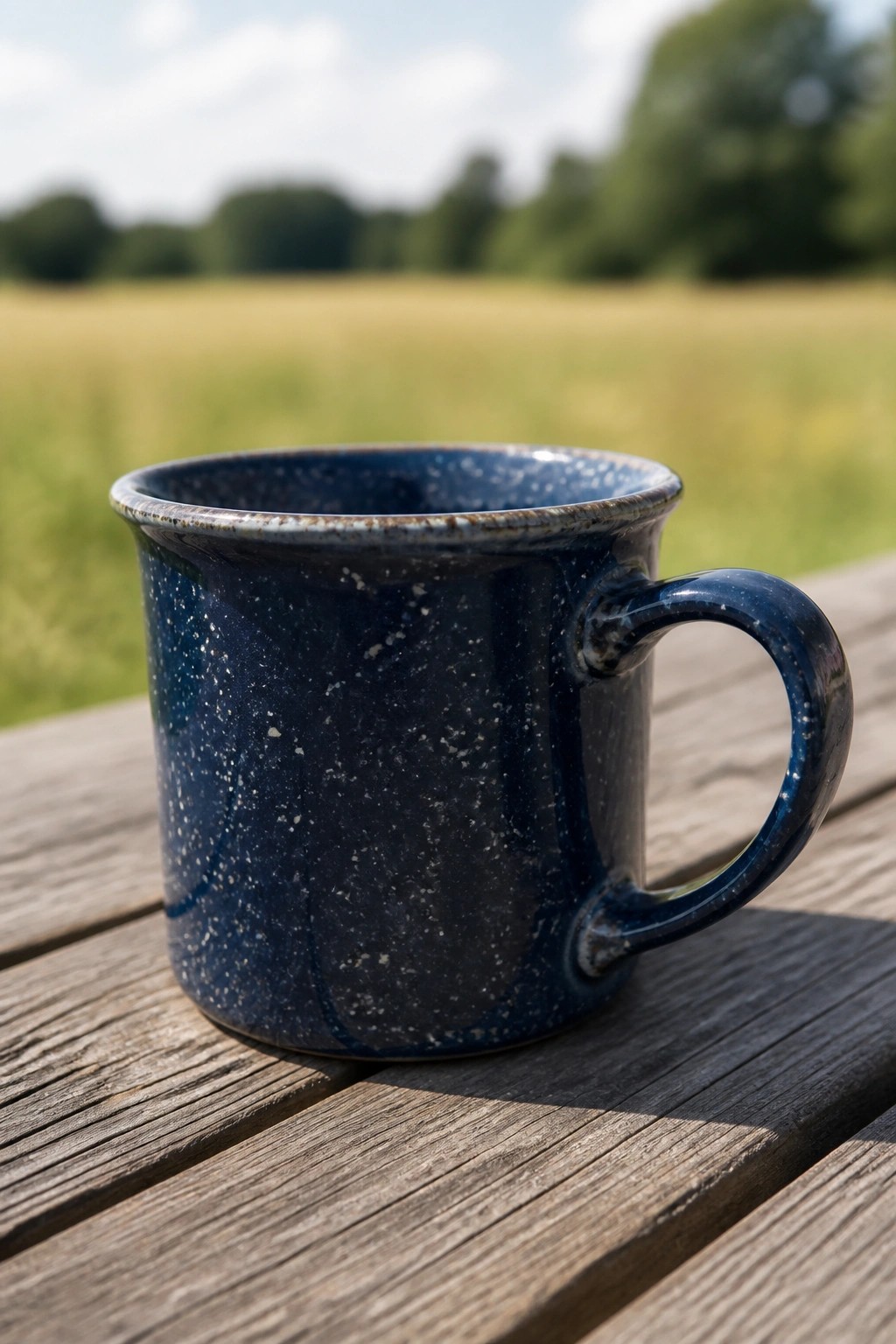 Blue speckled ceramic mug on wooden table with blurred green field behind