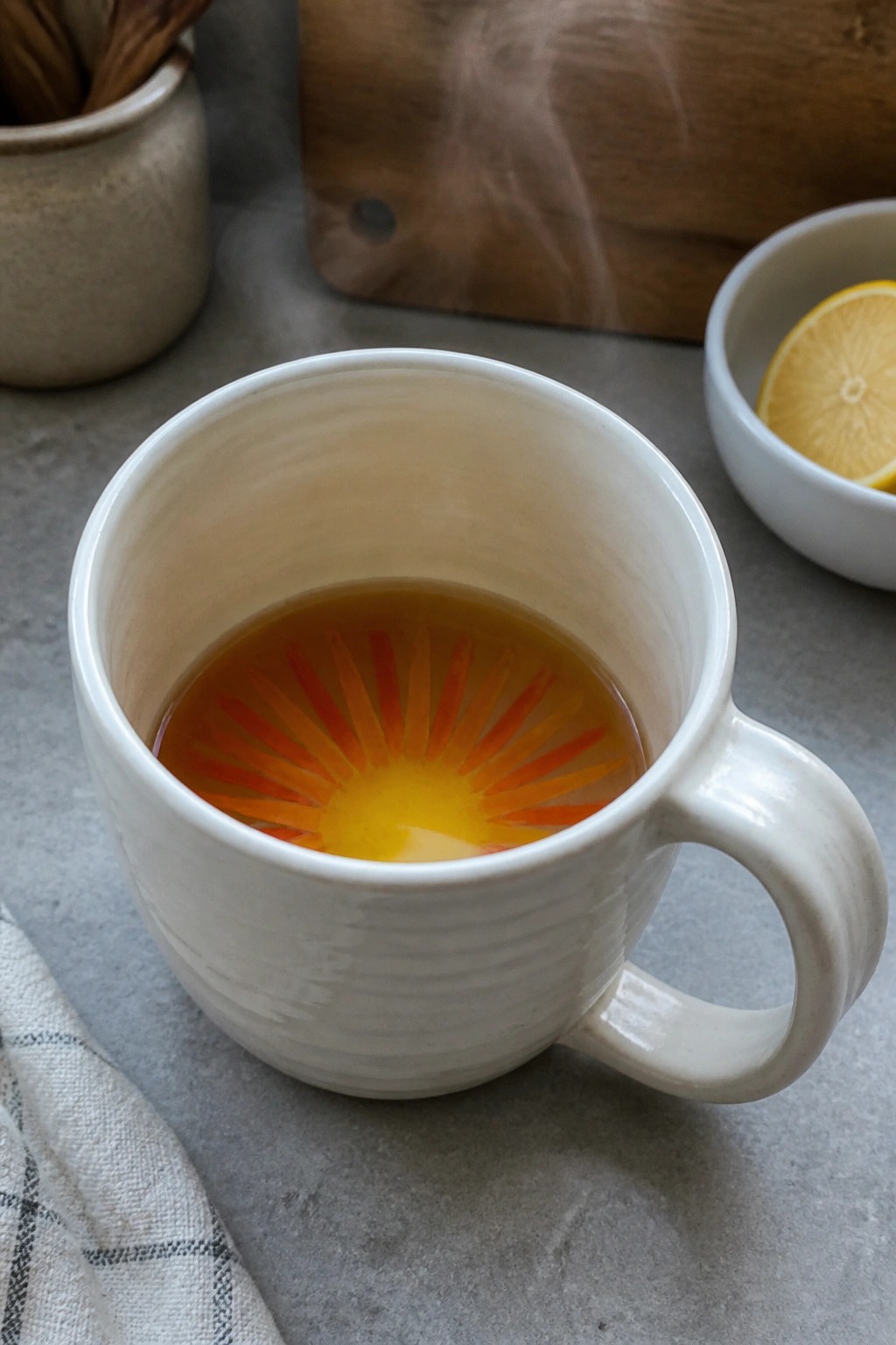 Steaming amber tea in white mug with orange sunburst design inside