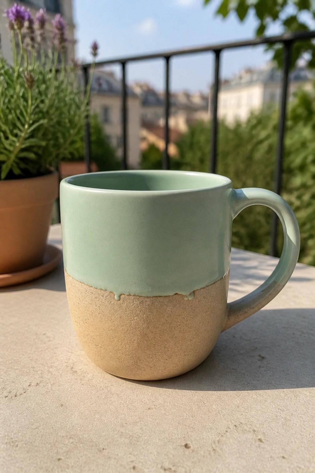 Mint green ceramic mug with beige base on sunny balcony table