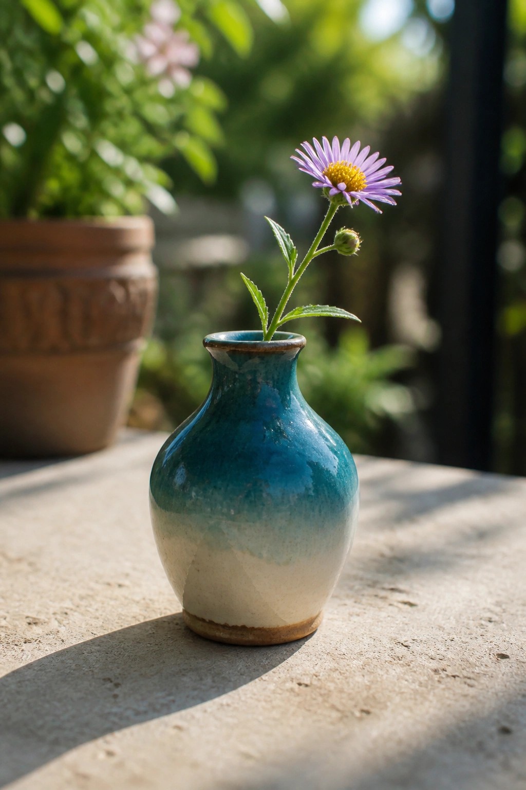 Small blue ceramic vase with purple flower on stone table