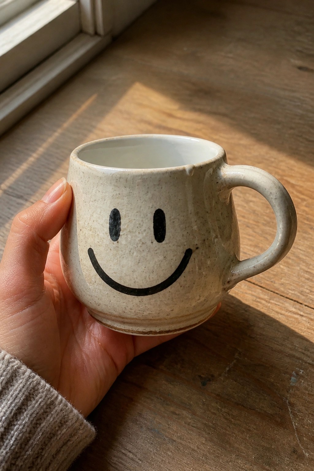 Hand in beige knit sleeve holding speckled smiley mug on sunlit wood table.