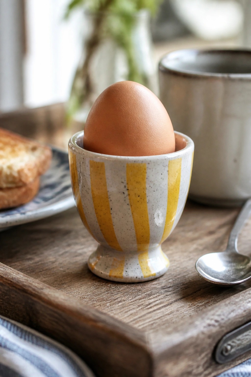 Brown egg in yellow-striped ceramic cup on wooden tray beside spoon
