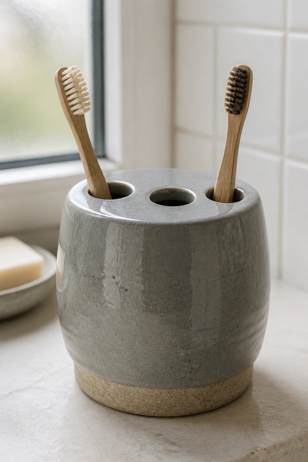 Two bamboo toothbrushes in a gray ceramic holder on a marble counter