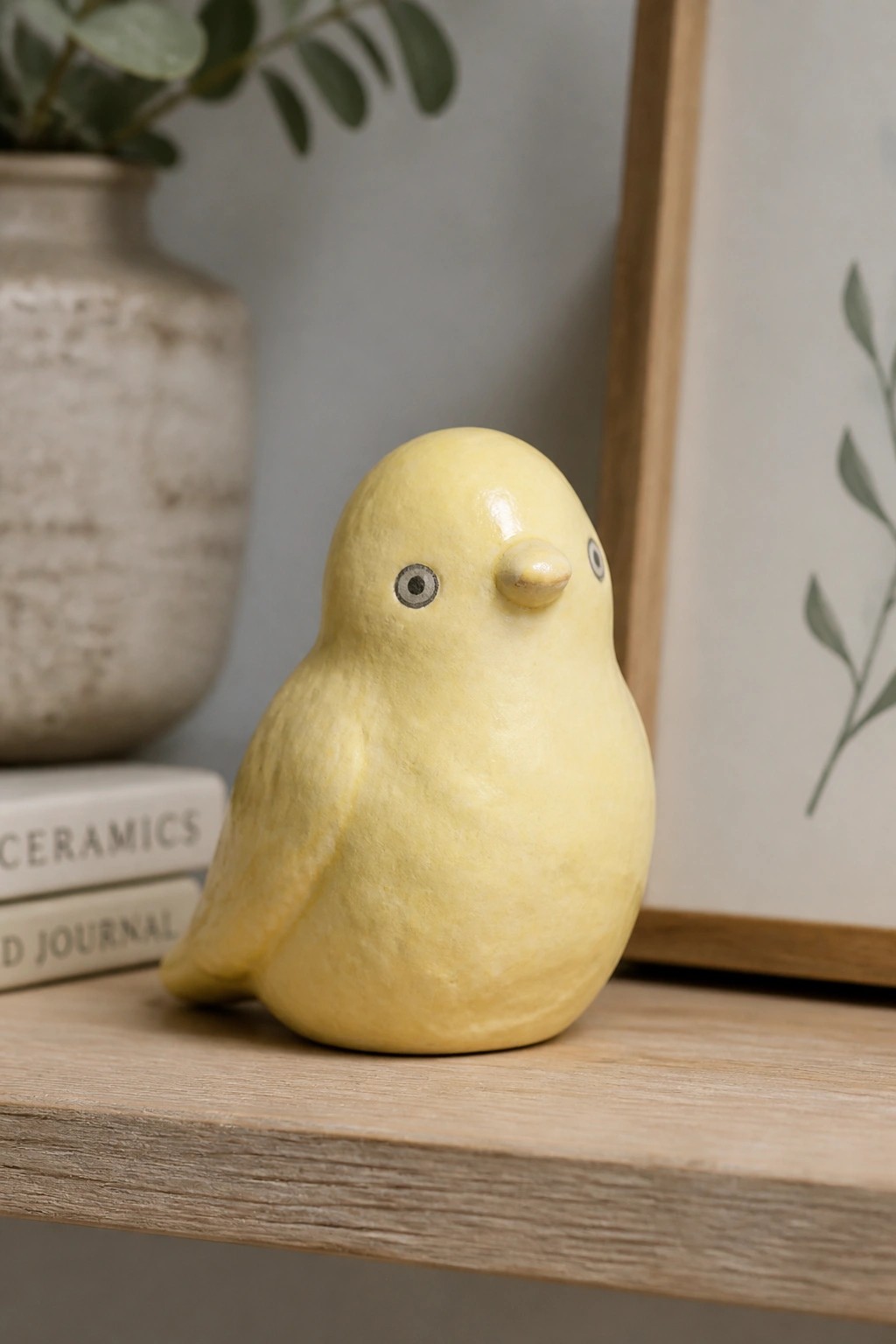 Yellow ceramic bird figurine on wooden shelf with books and vase nearby