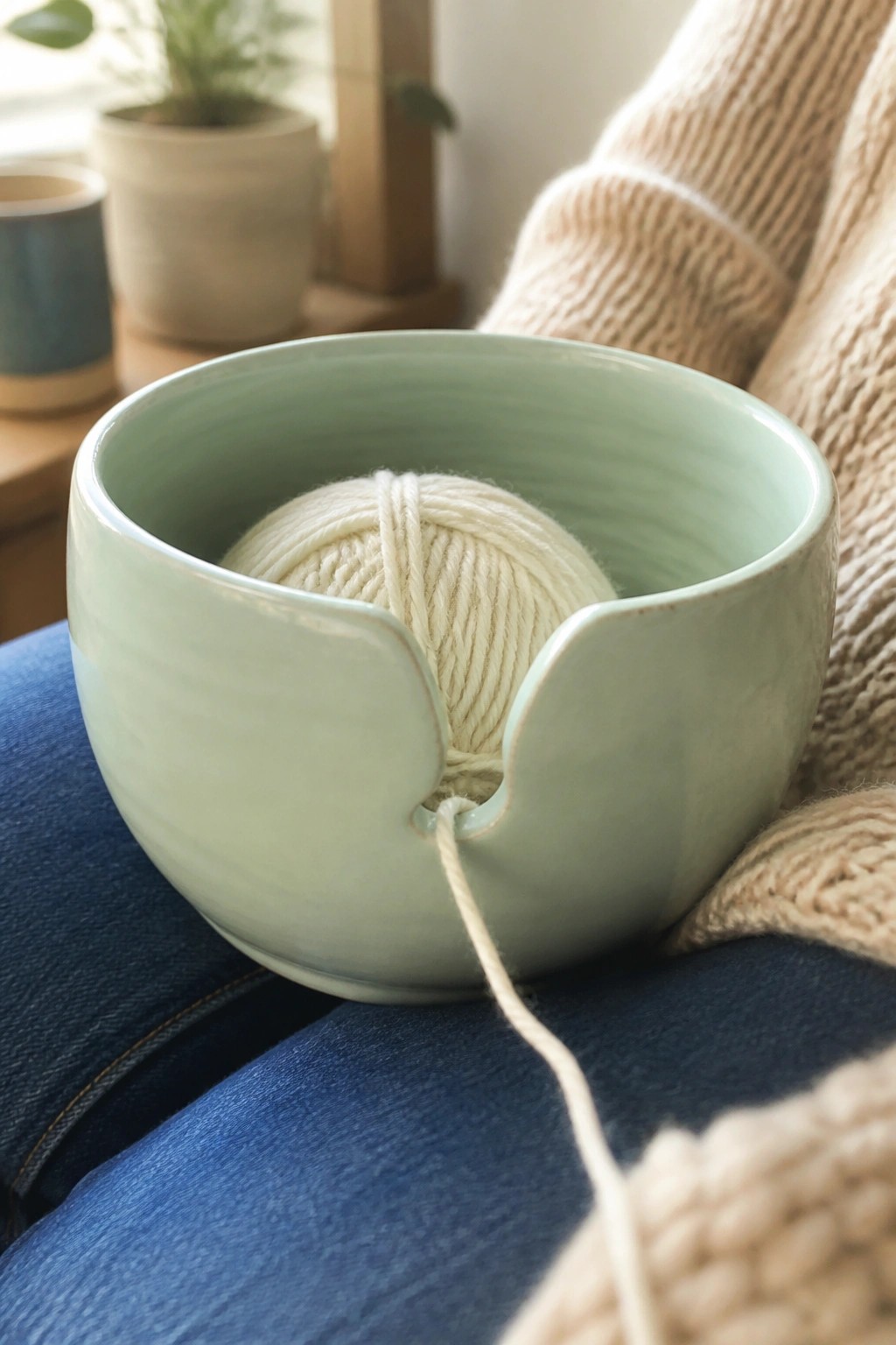 Mint green yarn bowl with white yarn on knitter's denim lap in beige sweater
