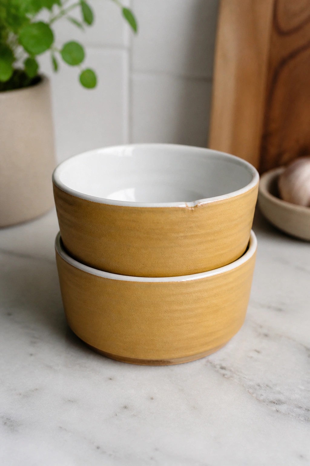 Two stacked mustard-yellow ceramic bowls with white interiors on marble surface