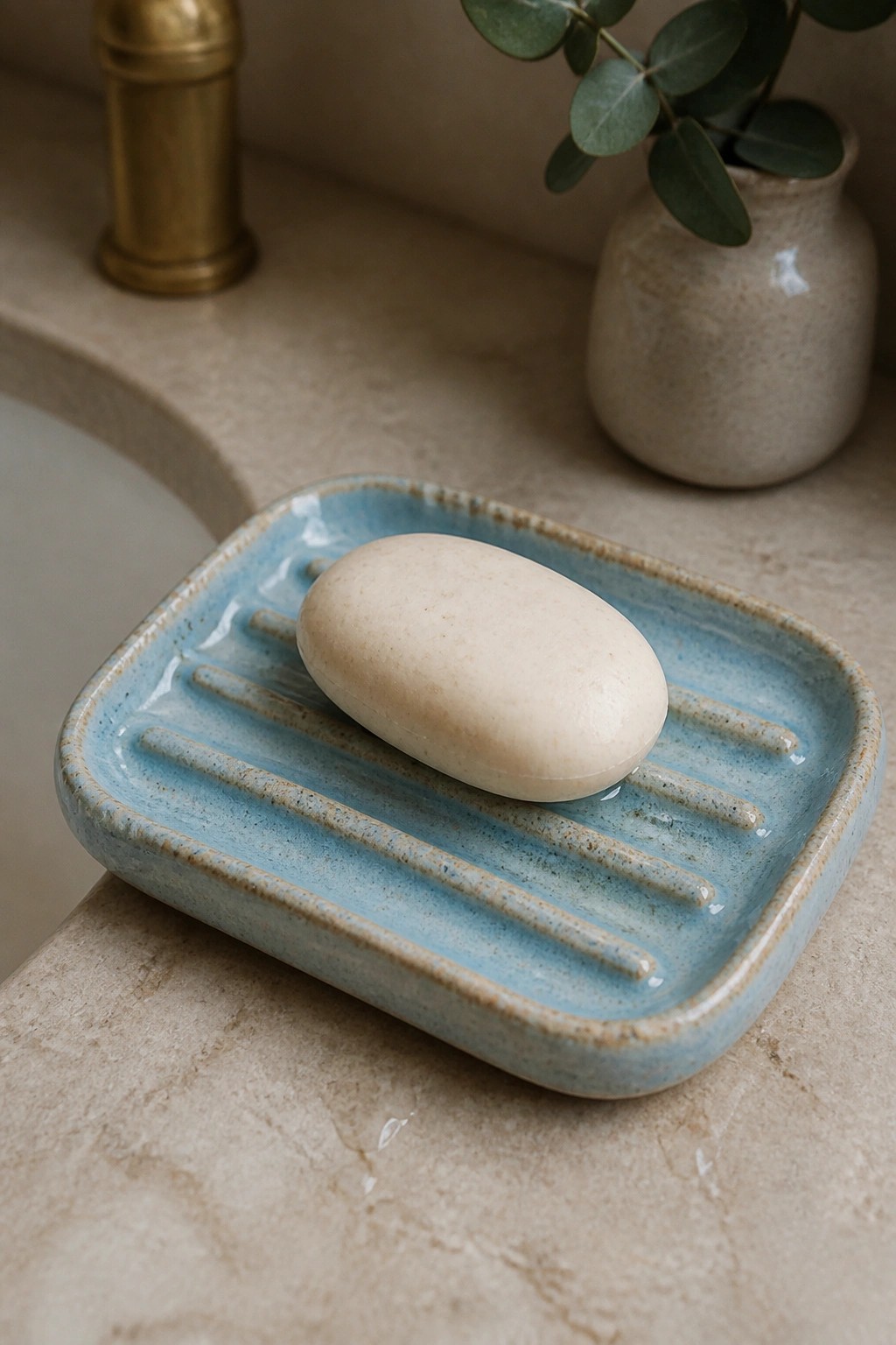 Beige oval soap on ridged blue ceramic dish with water droplets on marble counter