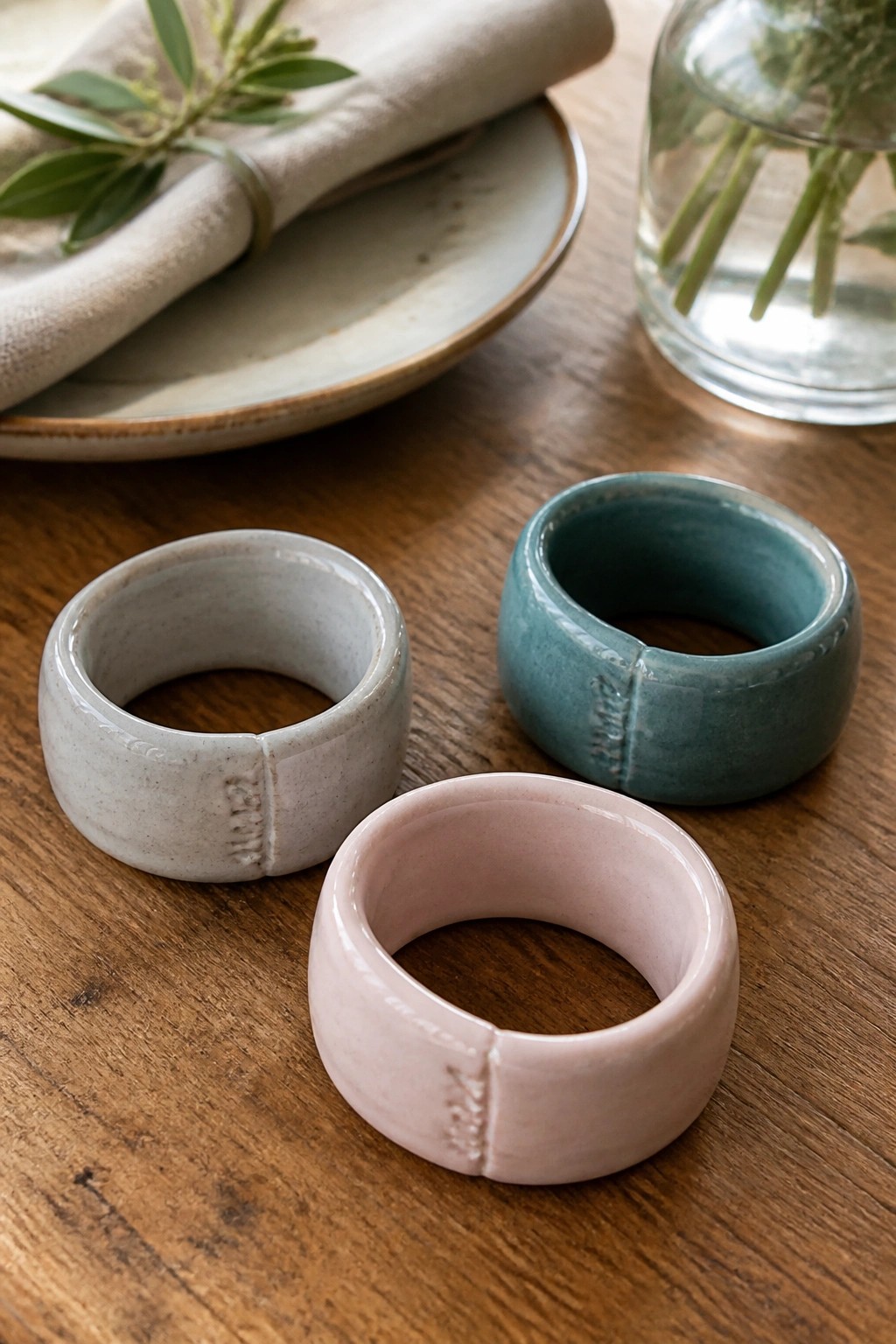 Three ceramic napkin rings in light gray, teal, and pink rest on a wooden table beside a plate and glass vase.