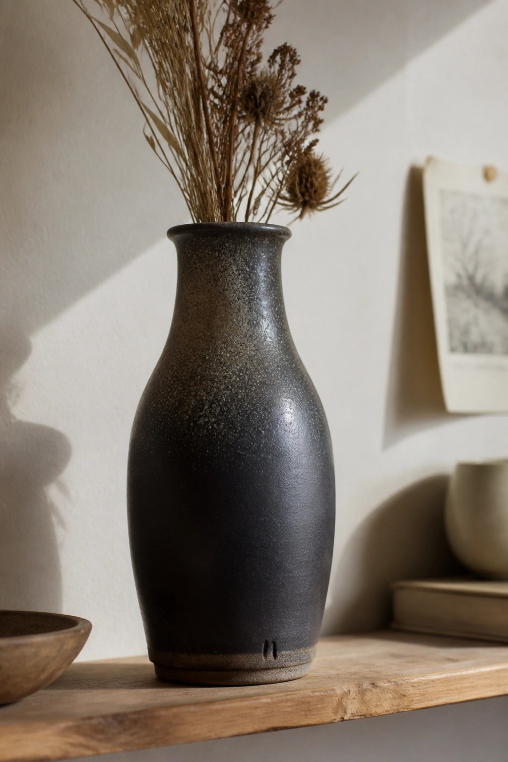 Dark speckled vase with dried plants on rustic wooden shelf in soft light.