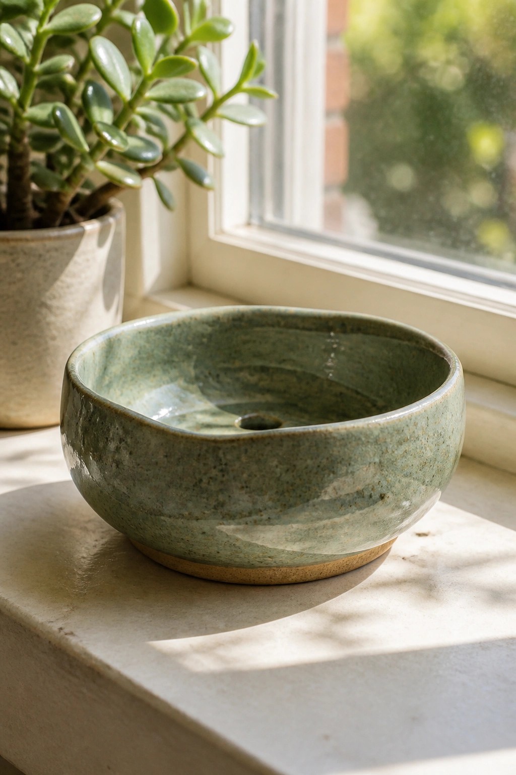 Green speckled ceramic bowl on sunlit windowsill beside potted succulent plant.