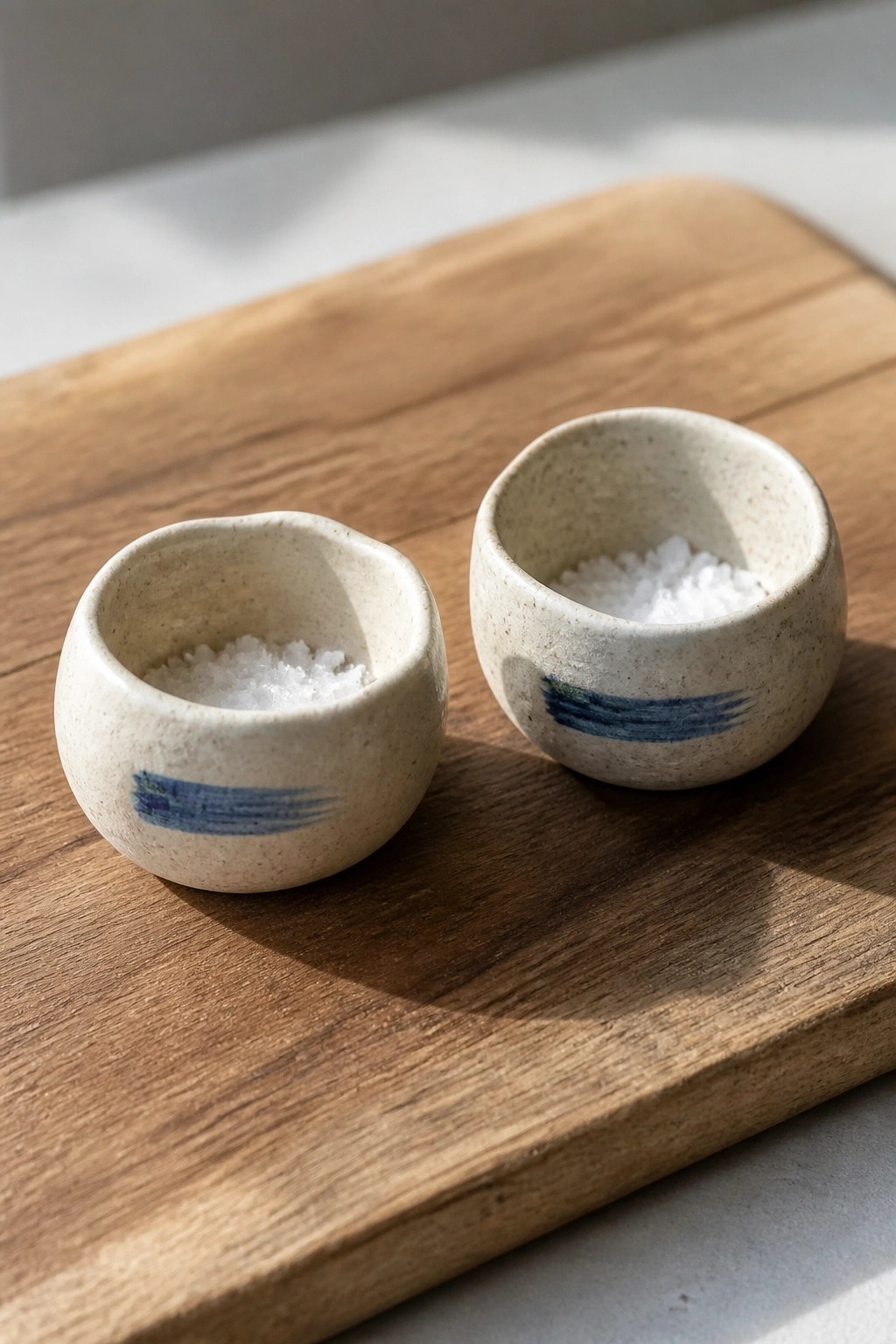 Two speckled ceramic bowls with blue stripes holding salt on a wooden board.