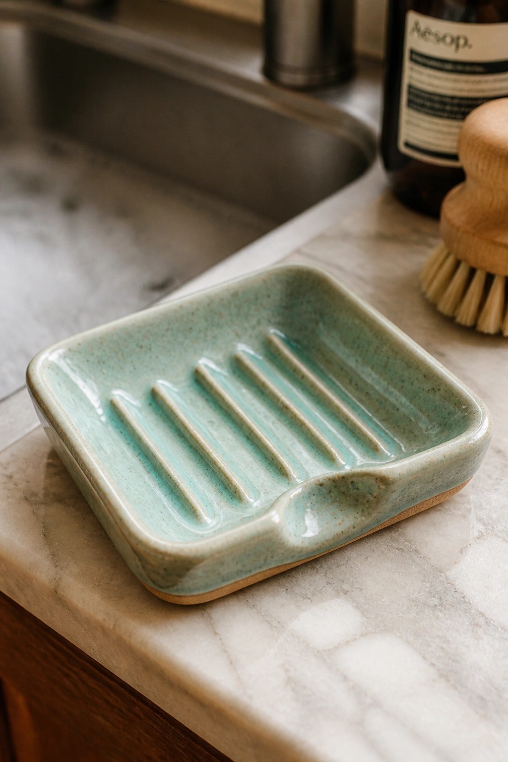 Speckled turquoise ceramic soap dish with ridges on marble countertop