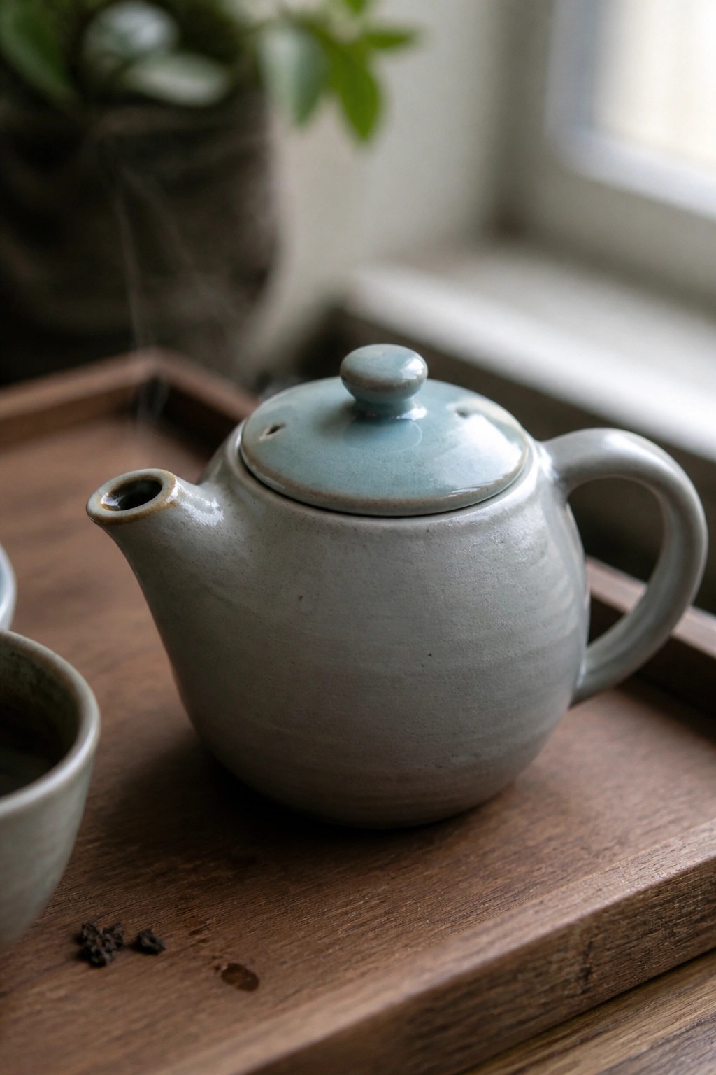 Steaming ceramic teapot on wooden tray beside cup and scattered tea leaves