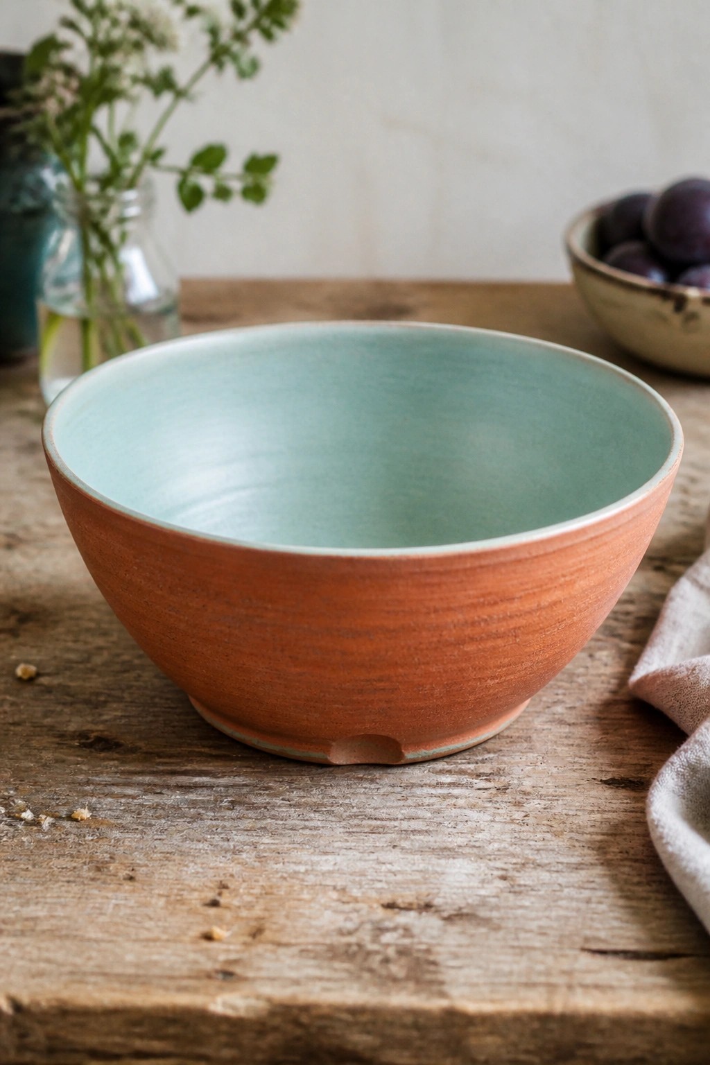 Rustic orange ceramic bowl with turquoise interior on wooden table beside plums