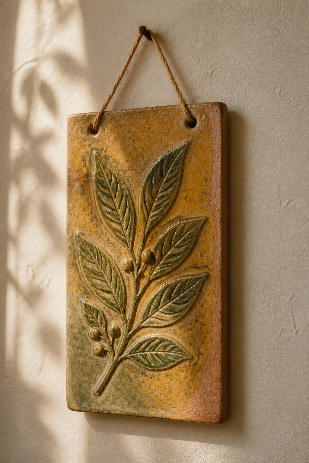 Yellow-green ceramic tile with embossed leaf and berry motif, hanging on wall.