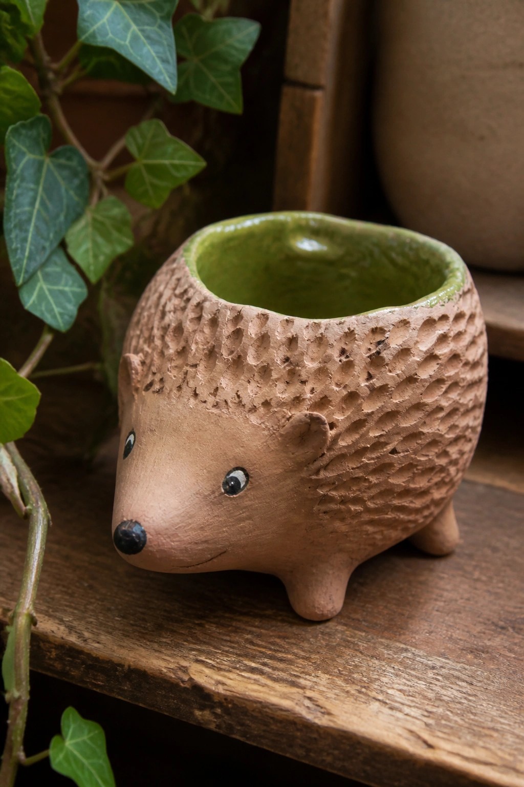 Ceramic hedgehog planter with textured brown spikes and green glazed interior on wood.