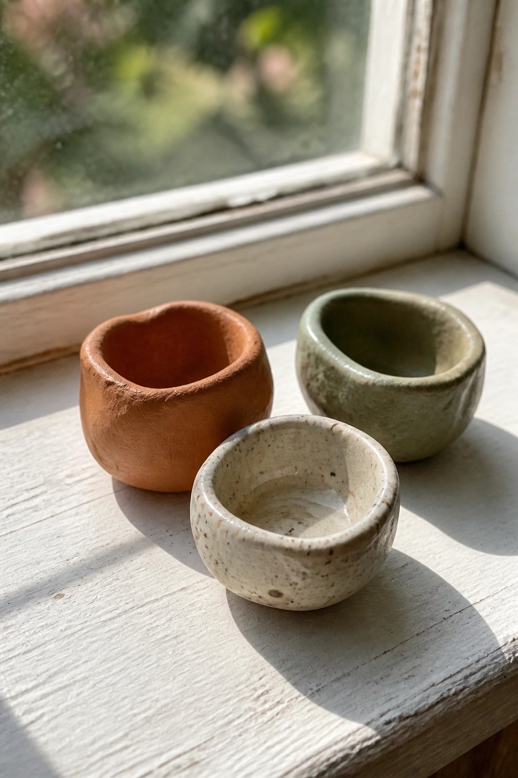 Three small handmade ceramic bowls on a sunlit white windowsill.