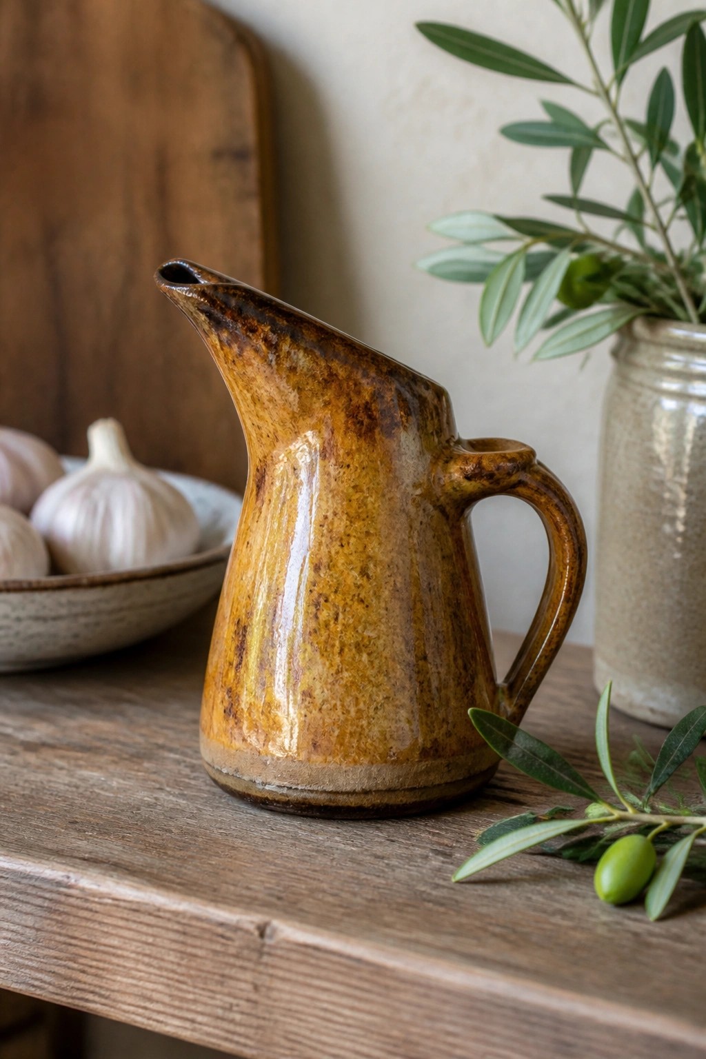 Brown ceramic pitcher on wooden table with garlic bowl and olive branch