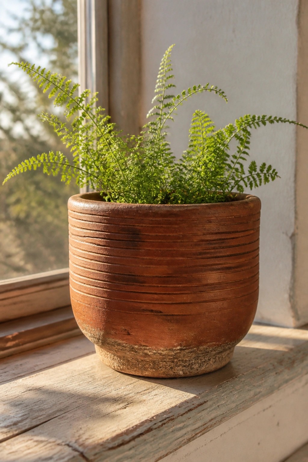 Lush green fern in a ribbed brown terracotta pot on a sunny wooden windowsill