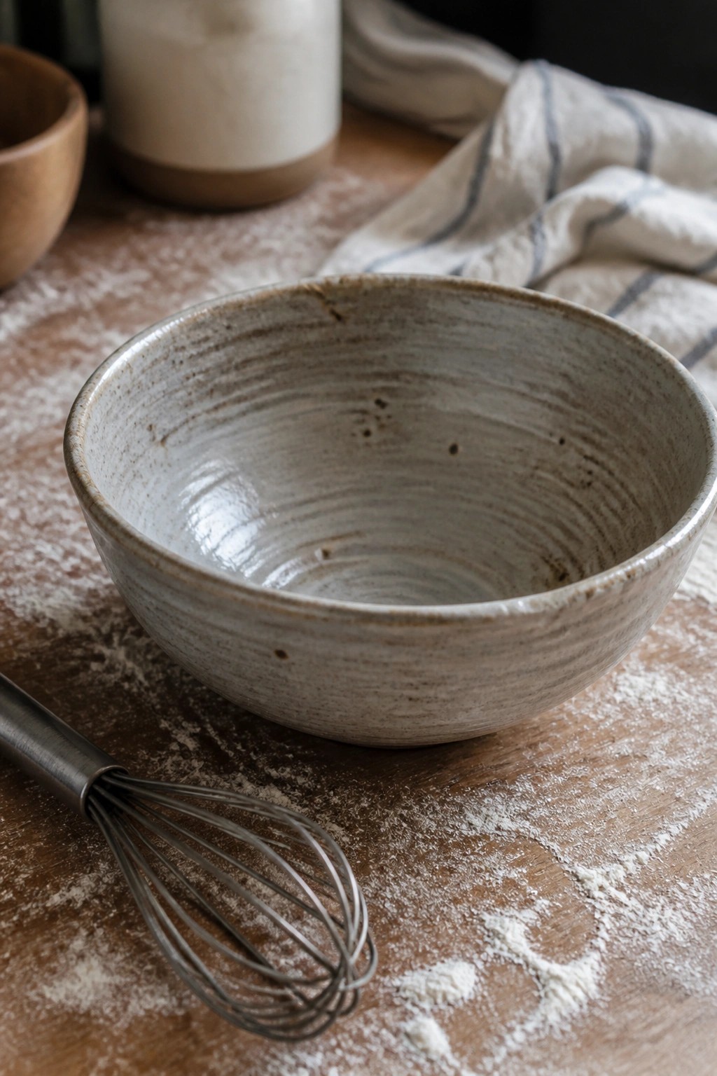 Empty ceramic bowl and metal whisk on flour-dusted wooden table with baking linens