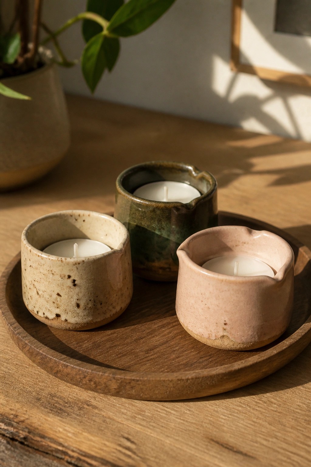 Three ceramic candle holders in beige, green, and pink on a wooden tray