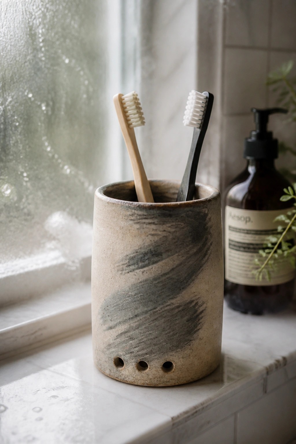 Ceramic holder with two toothbrushes on marble windowsill beside Aesop bottle.