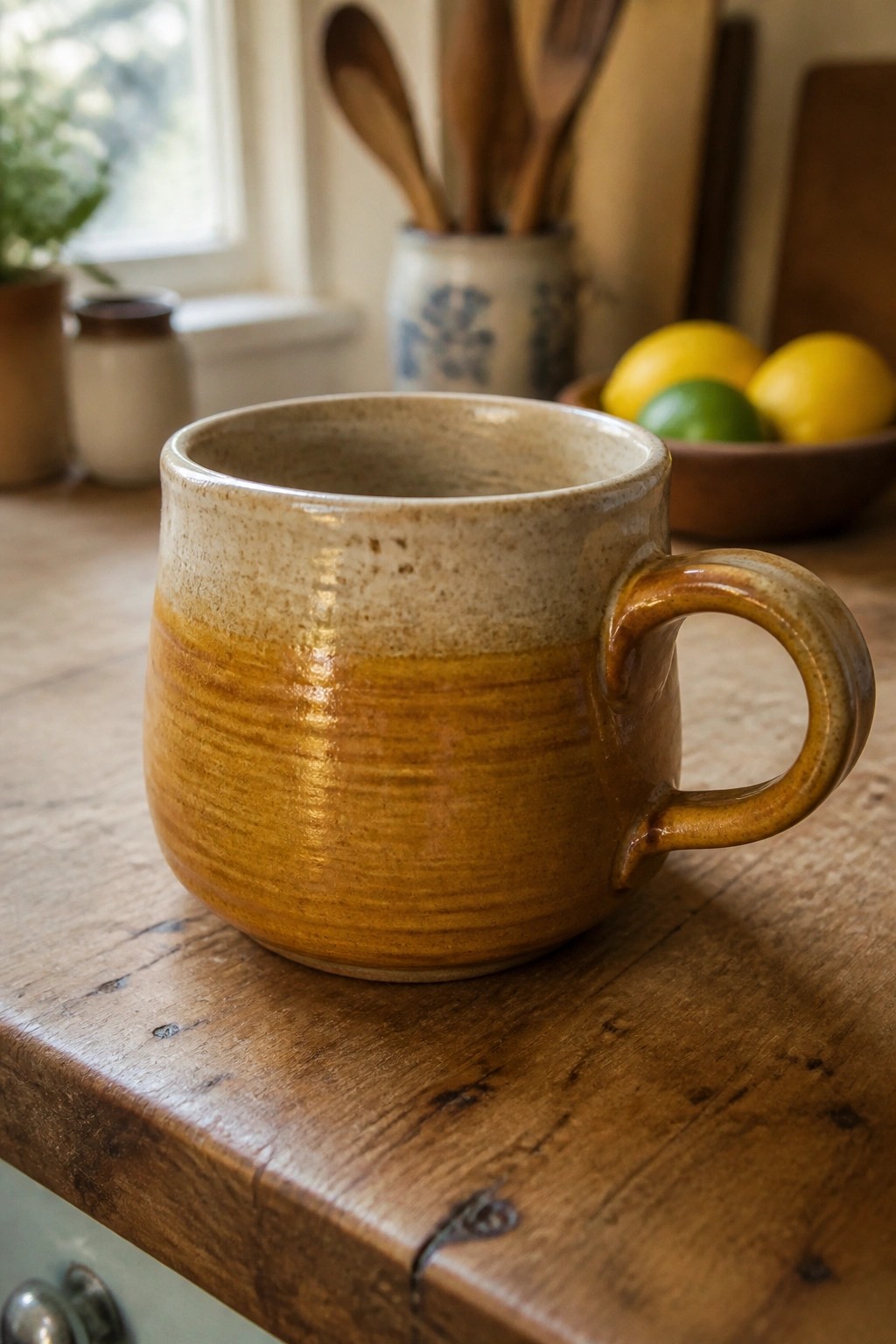 A ceramic mug with a beige top and mustard yellow bottom glaze sits on a wooden countertop.