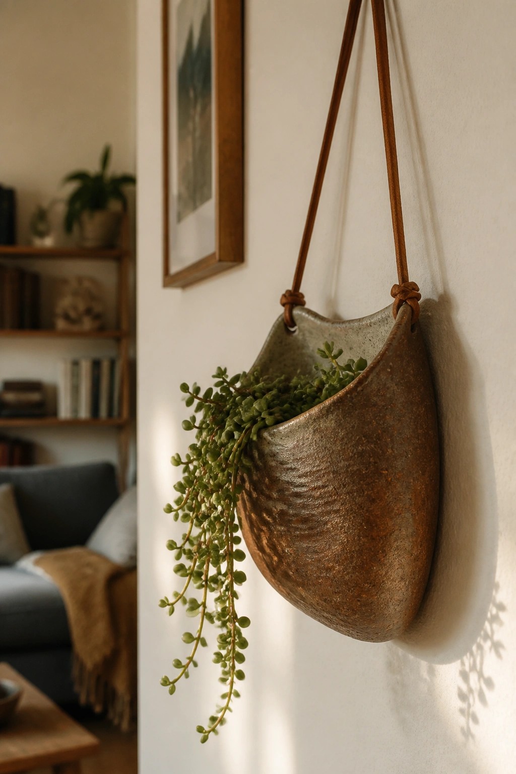 Rustic brown ceramic hanging planter with trailing green succulent on white wall