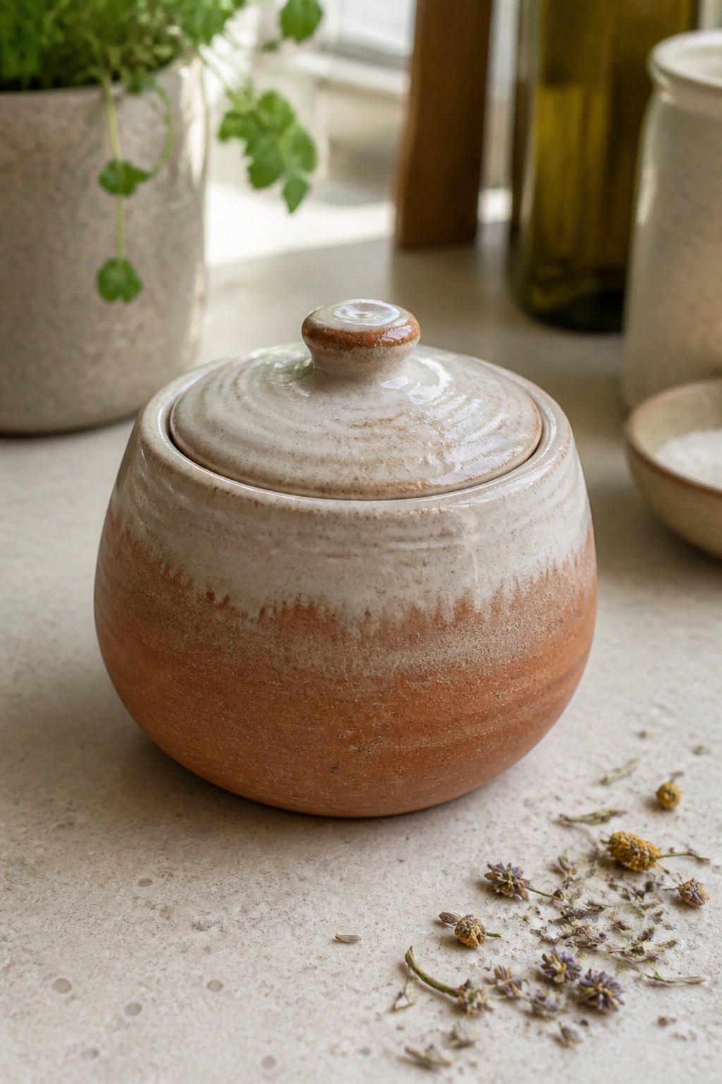 Ceramic lidded jar with brown and beige glaze beside scattered dried herbs.