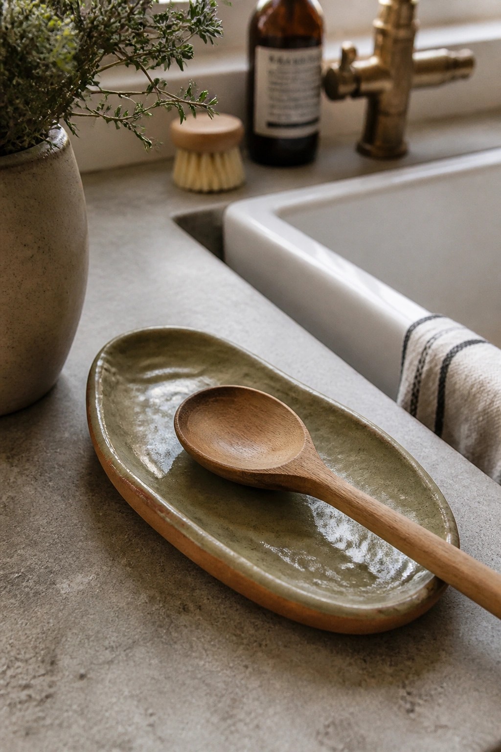 Wooden spoon on green ceramic dish beside white sink with brass faucet