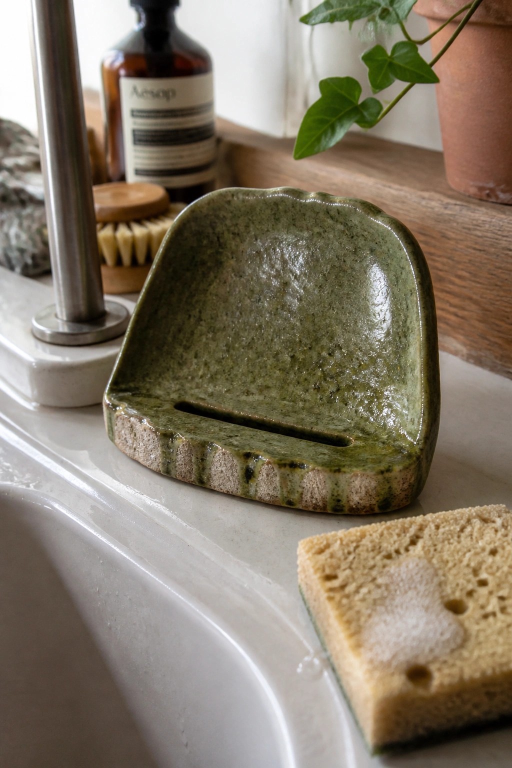 Green ceramic soap dish beside soapy yellow sponge on white bathroom sink