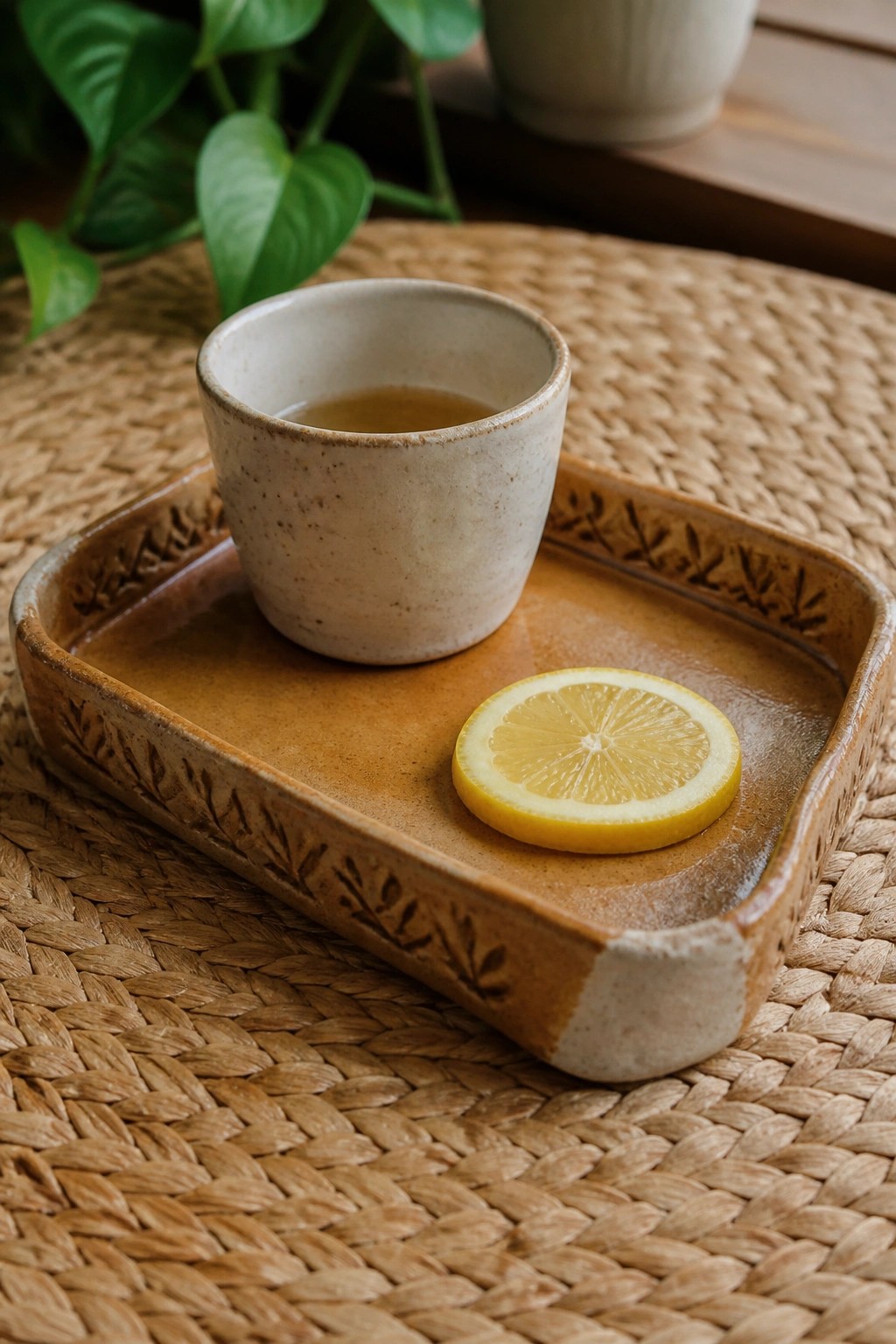 Ceramic cup of tea and lemon slice on patterned tray atop woven mat.