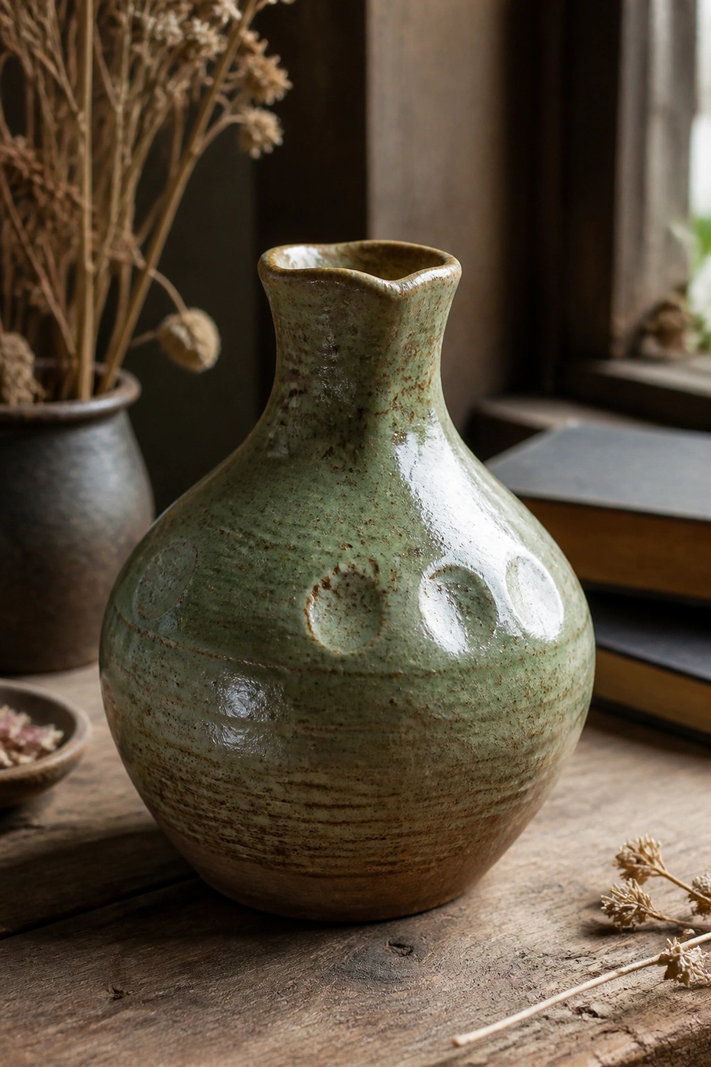 Green ceramic vase with circular indents on wooden table with dried flowers
