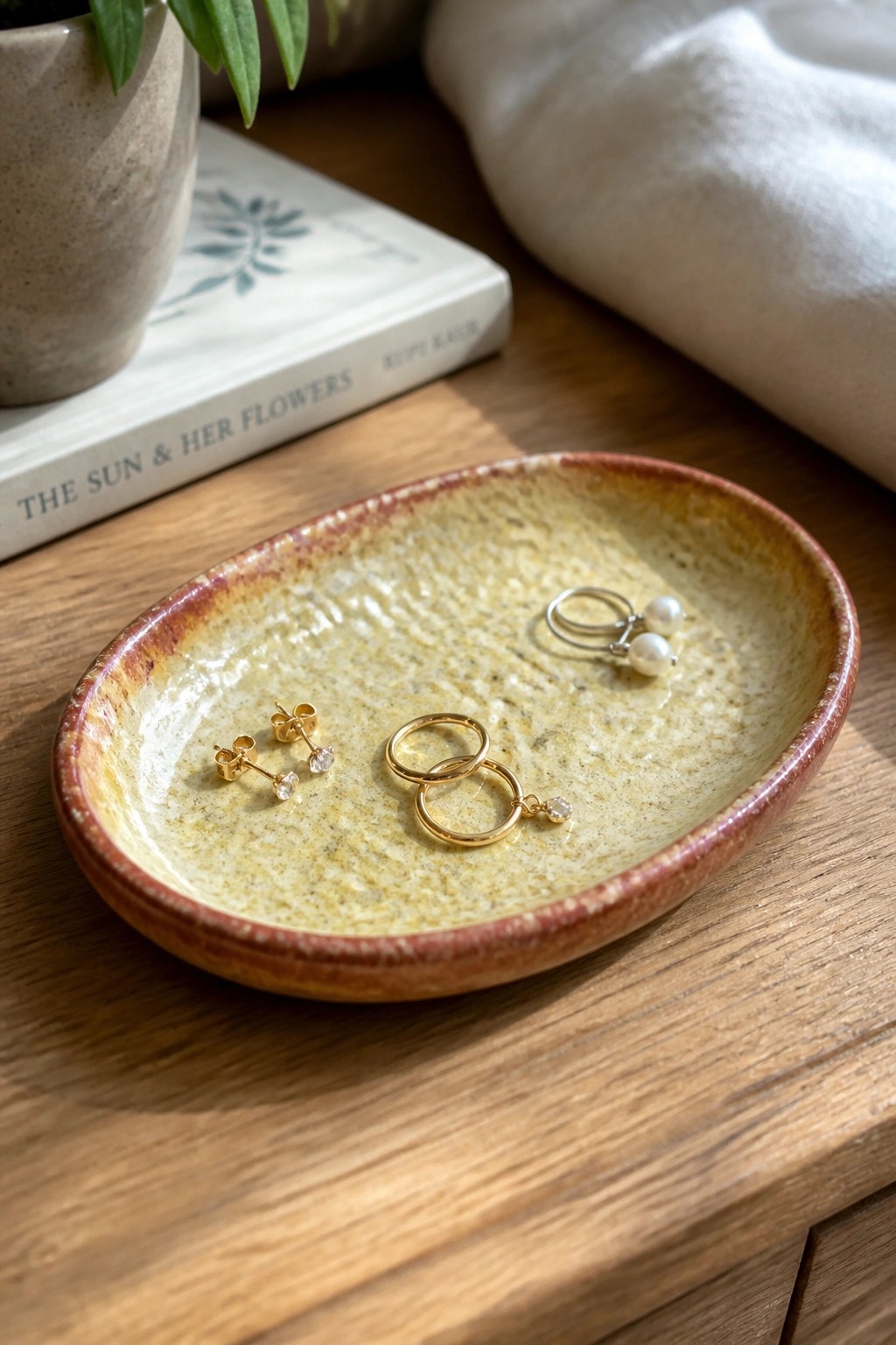 Gold hoop earrings, stud earrings, and pearl drops in a ceramic bowl on wood