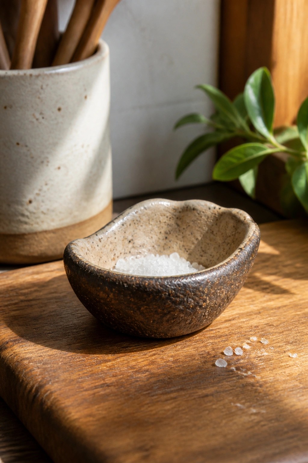 A small rustic ceramic bowl filled with white salt rests on a wooden cutting board.