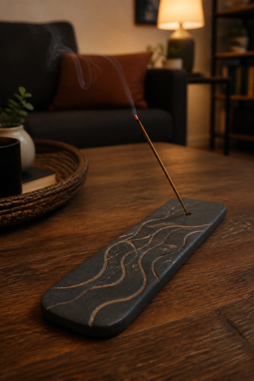 Burning incense on a dark wave-patterned stone holder atop a wooden table