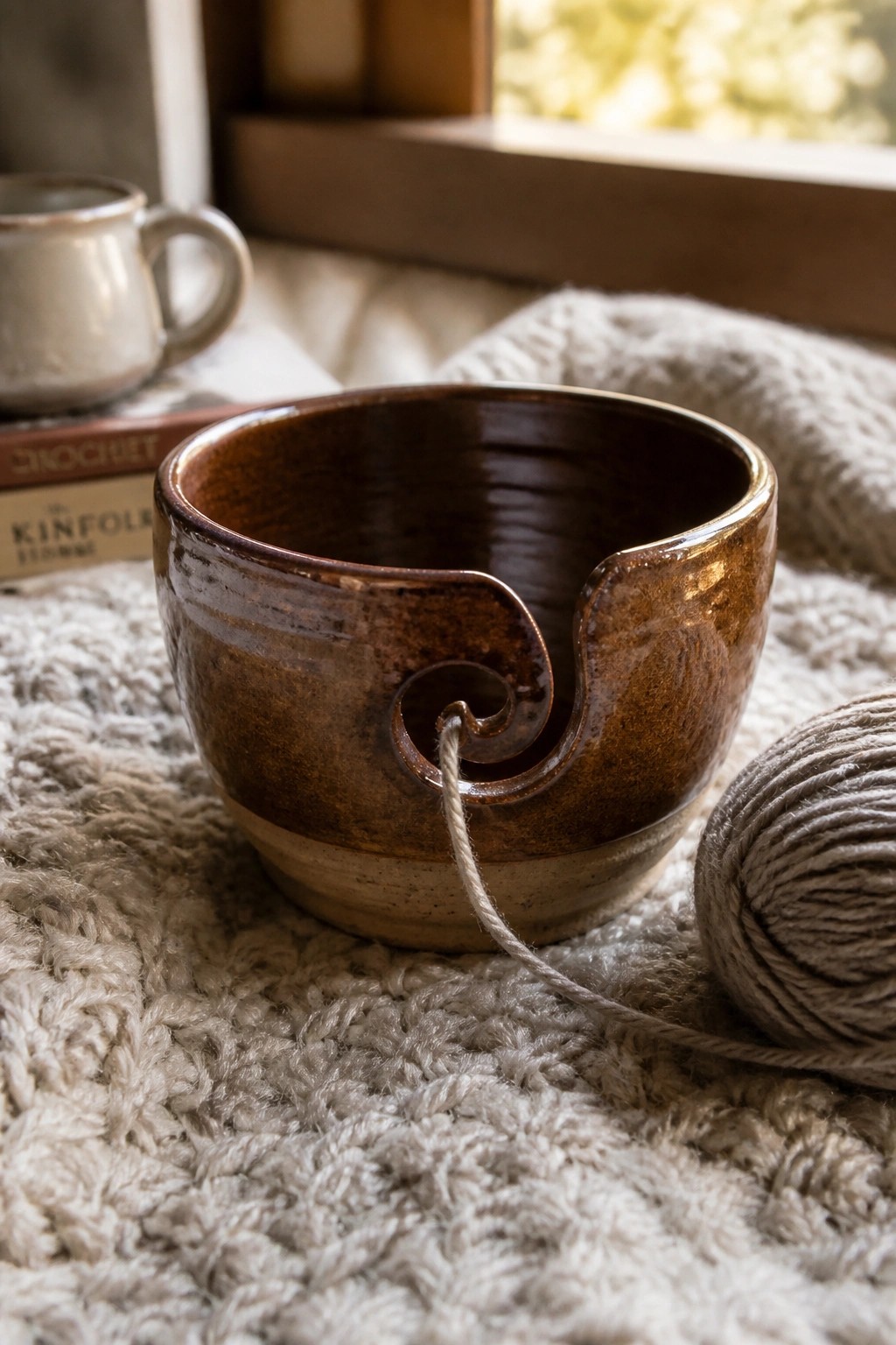 Brown ceramic yarn bowl with spiral notch and beige yarn on knit blanket