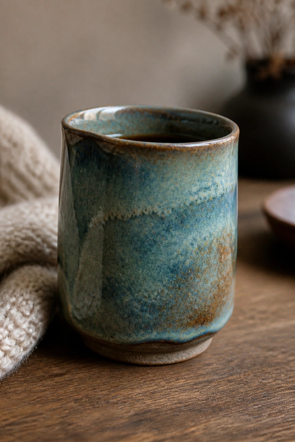 Blue-green glazed ceramic cup on wooden table beside knitted fabric