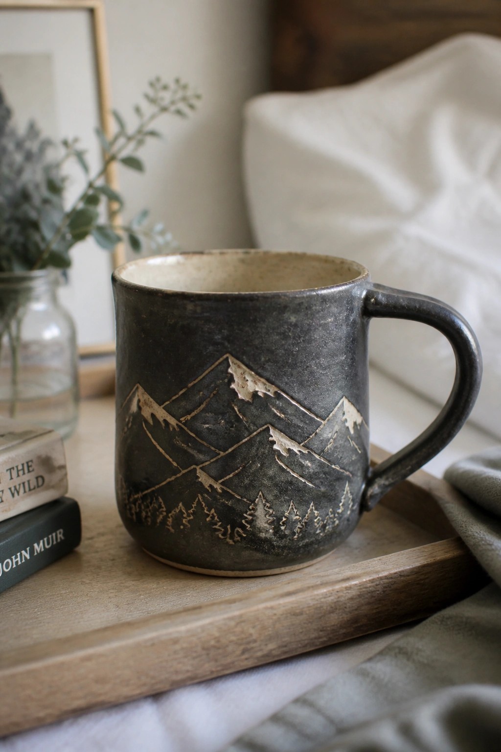 Dark ceramic mug with etched mountains and trees on wooden tray beside books.