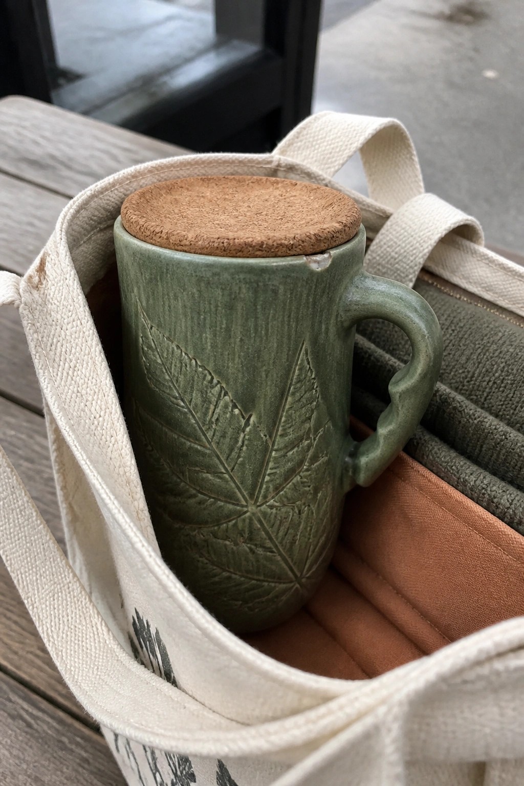 Green leaf-embossed mug with cork lid inside white canvas tote bag